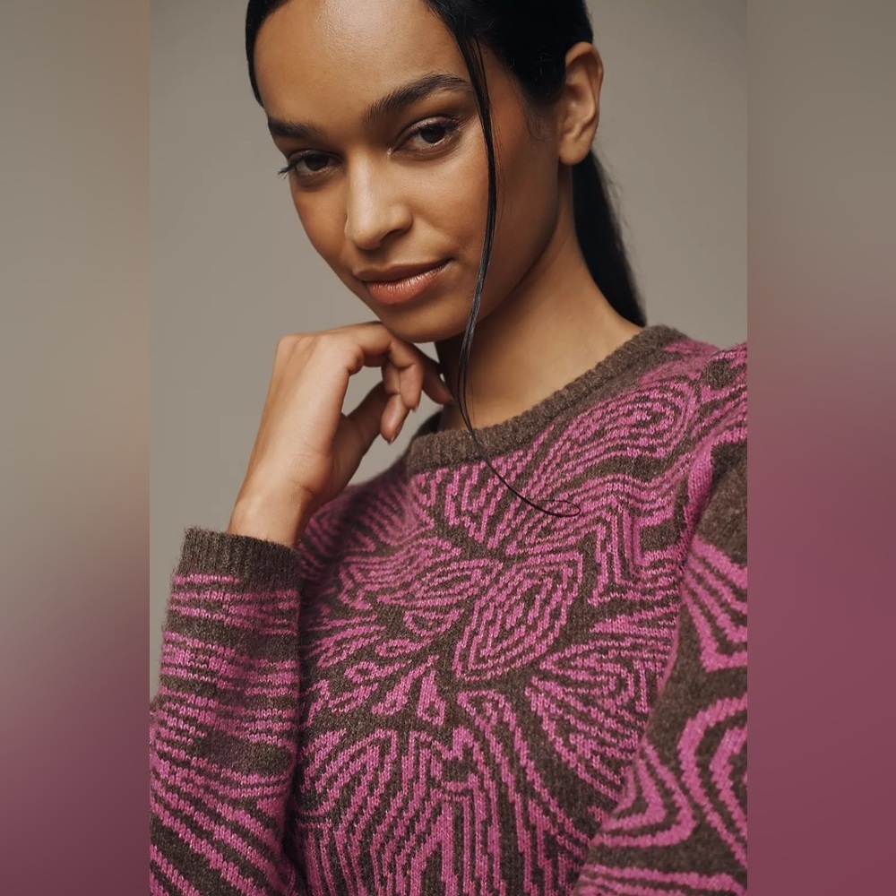 Farm Rio x Anthropologie Size M Long-Sleeve Jacquard Sweater Midi Dress - Picture 3 of 10